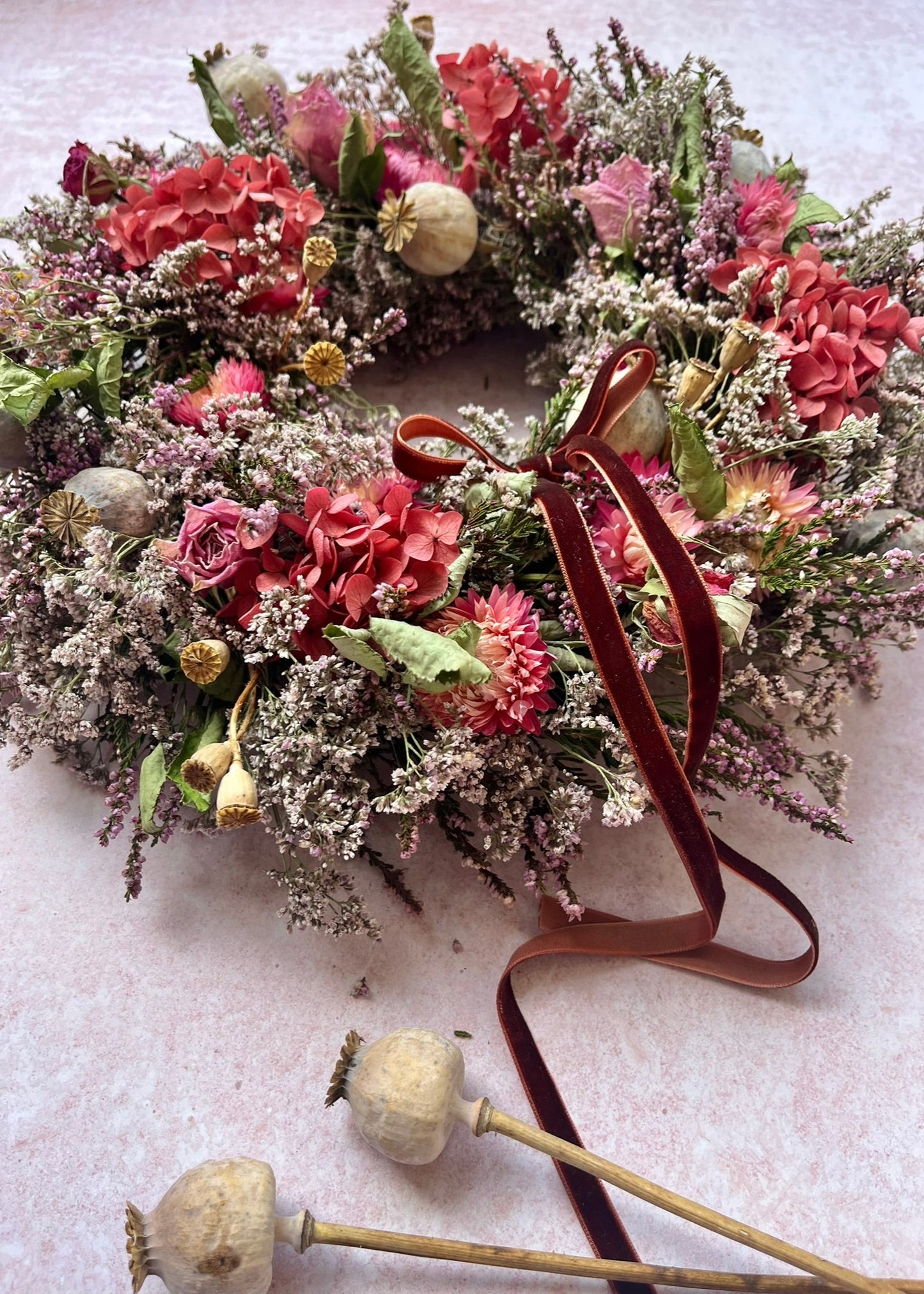 Poppy and rose dried flower wreath for Autumnal decor