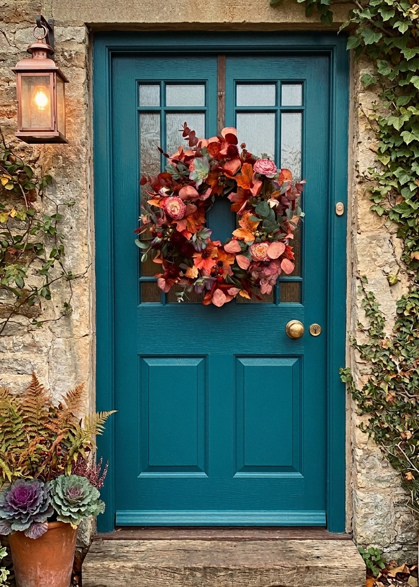 A teal wooden front door with a decorative autumn wreath hanging in the center window area, set in a stone wall entryway with a lit lantern, ivy, and potted plants.