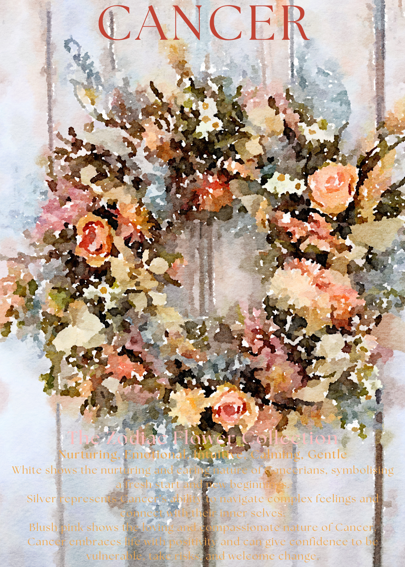 Dried flower wreath inspired by the zodiac sign Cancer, featuring blush pink, white, and silver-toned blooms. Arranged in a delicate, celestial design with soft textures and feminine tones. Ideal for astrology lovers or as a zodiac-themed home décor piece.