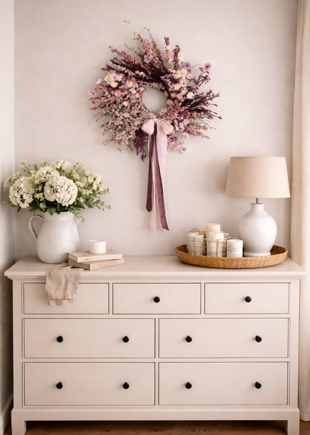 Neatly arranged dresser with decorative items including a wreath, flowers, and candles.