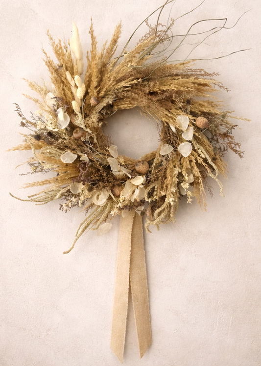 Wheat wreath with a beige ribbon on a light beige background