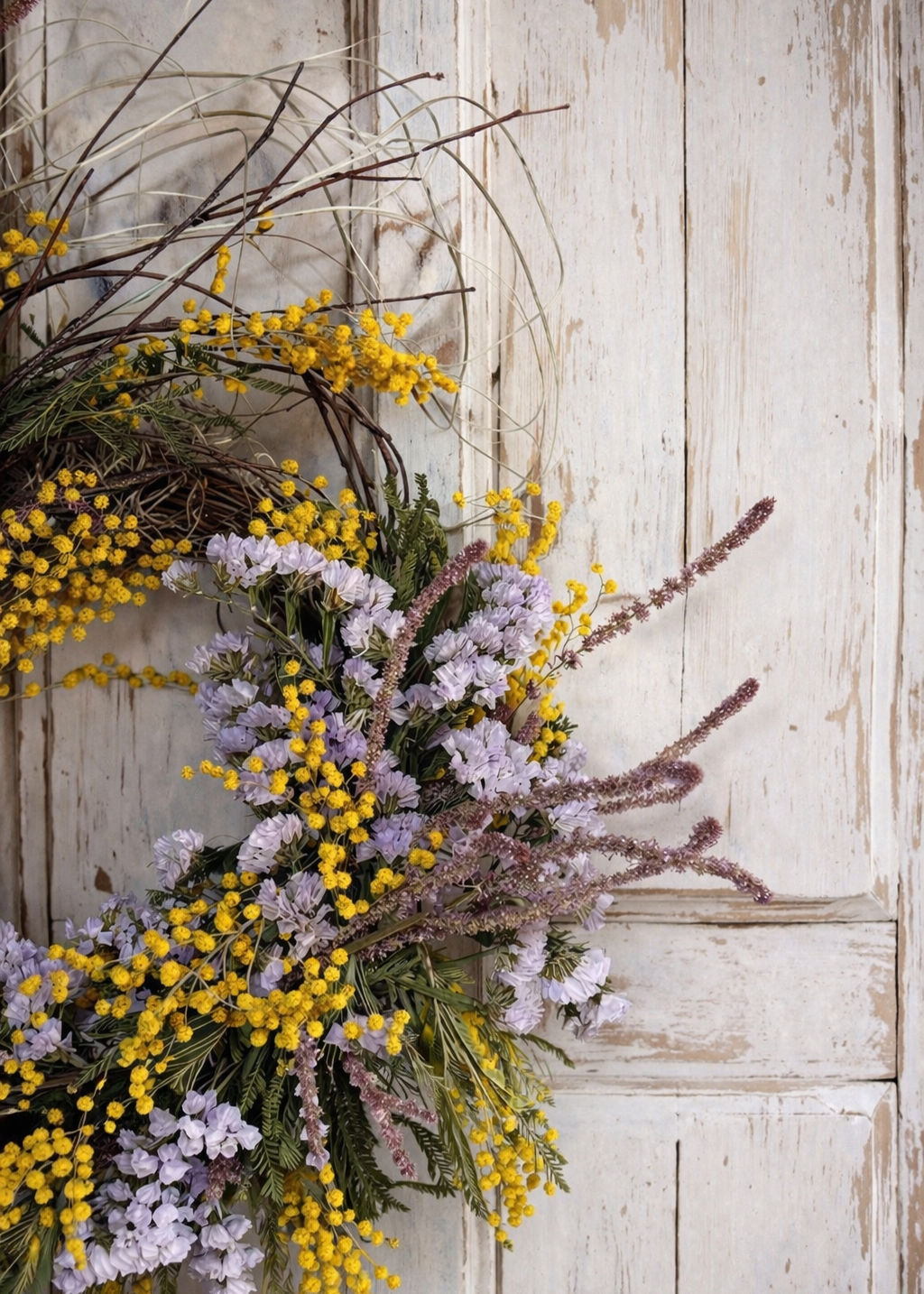 Wreath of wildflowers on a wooden door