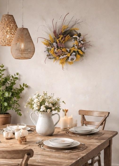 Dining room with wooden table set for a meal, decorative wreath on the wall, and hanging lights.