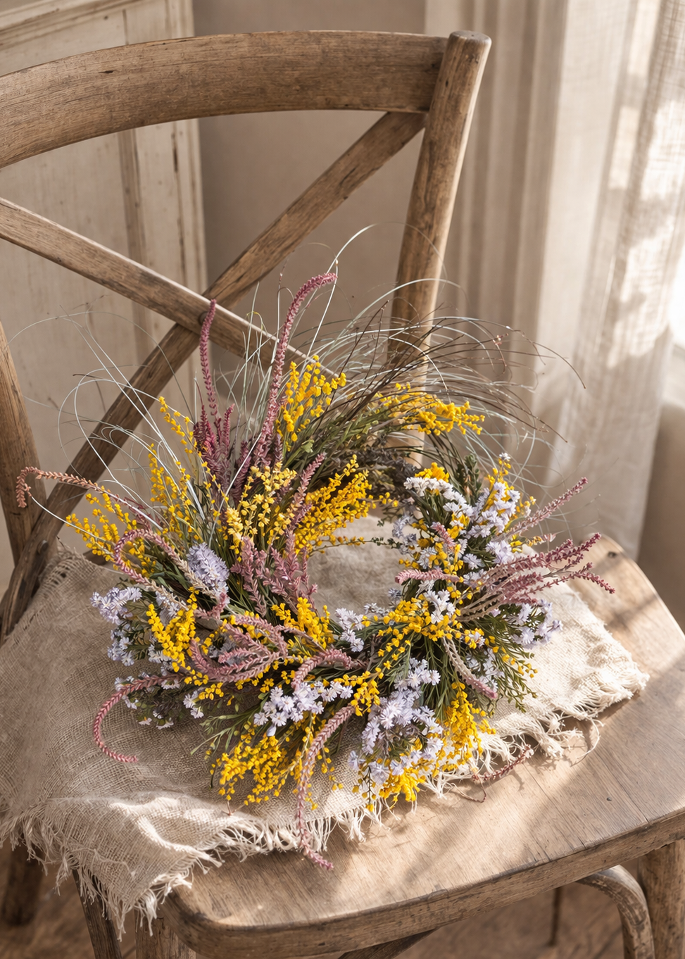 Dried flower wreath on a wooden chair with natural light