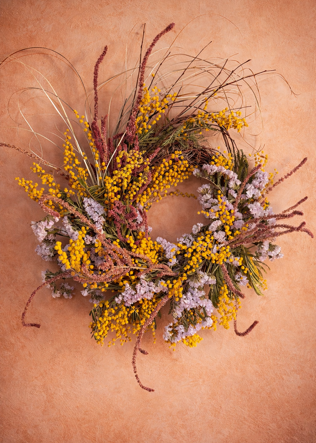 Decorative wreath with yellow and purple flowers on a beige background