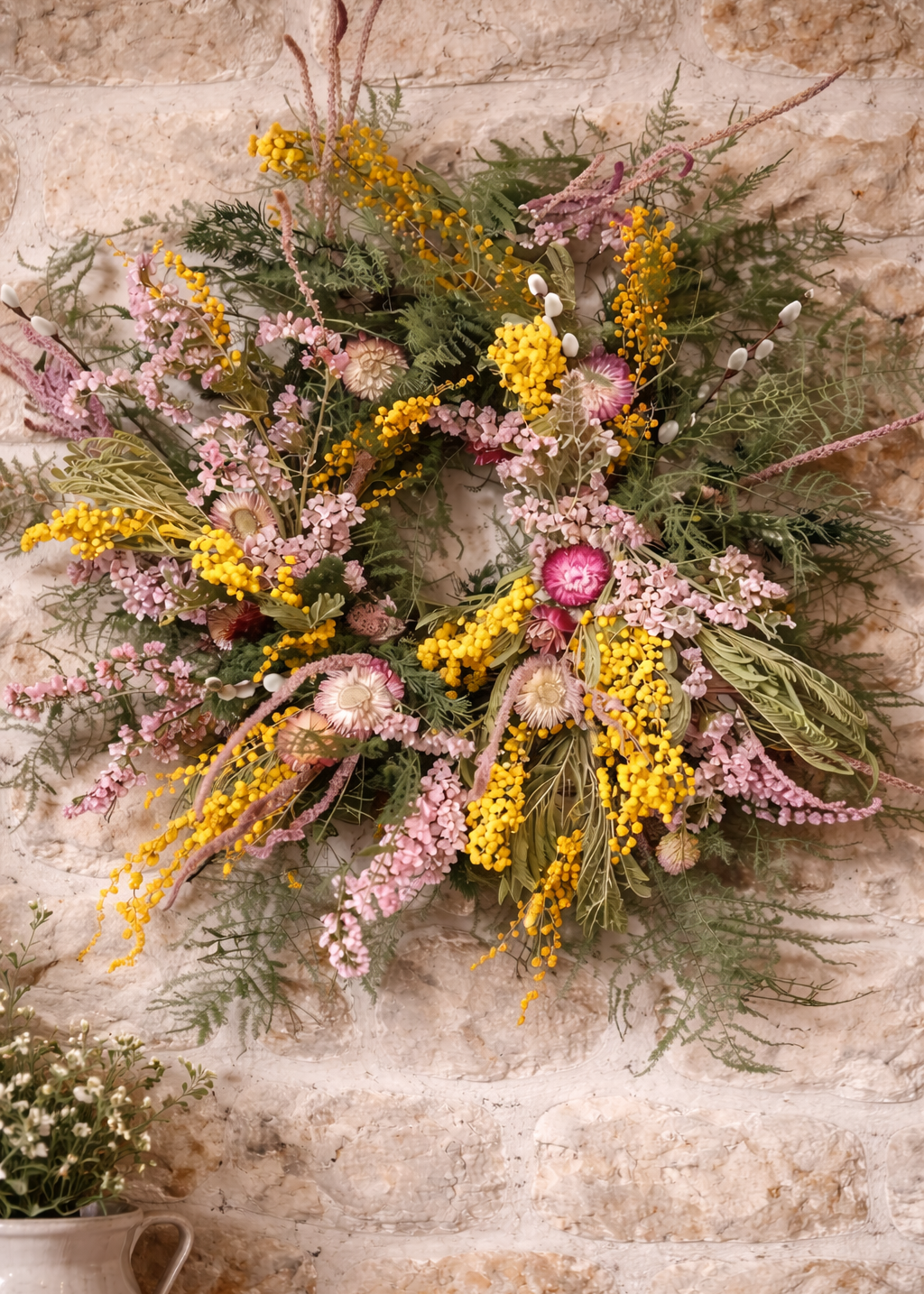 Floral wreath with pink and yellow flowers on a stone wall