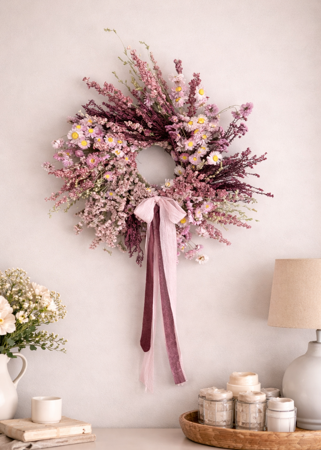 Floral wreath with pink flowers and a purple ribbon on a wall above a table with candles and a lamp.