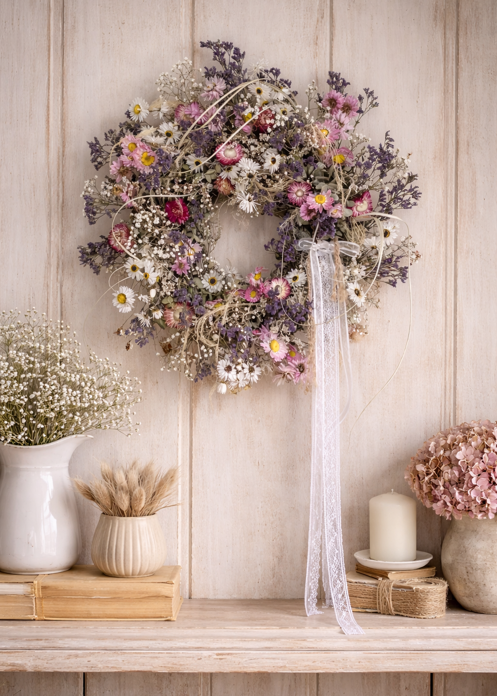 A delicate dried flower spring wreath in soft pink, white and purple tones, featuring eucalyptus leaves, daisy flowers and gypsophila on a natural base.