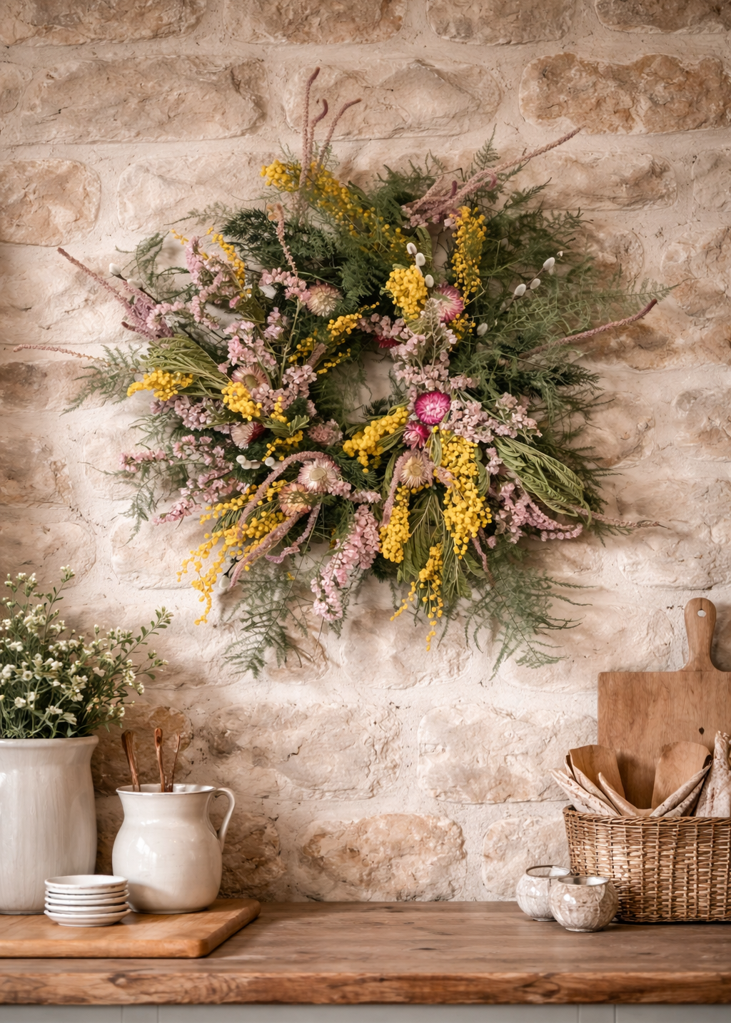 Floral wreath on a stone wall with a wooden counter and kitchen items.