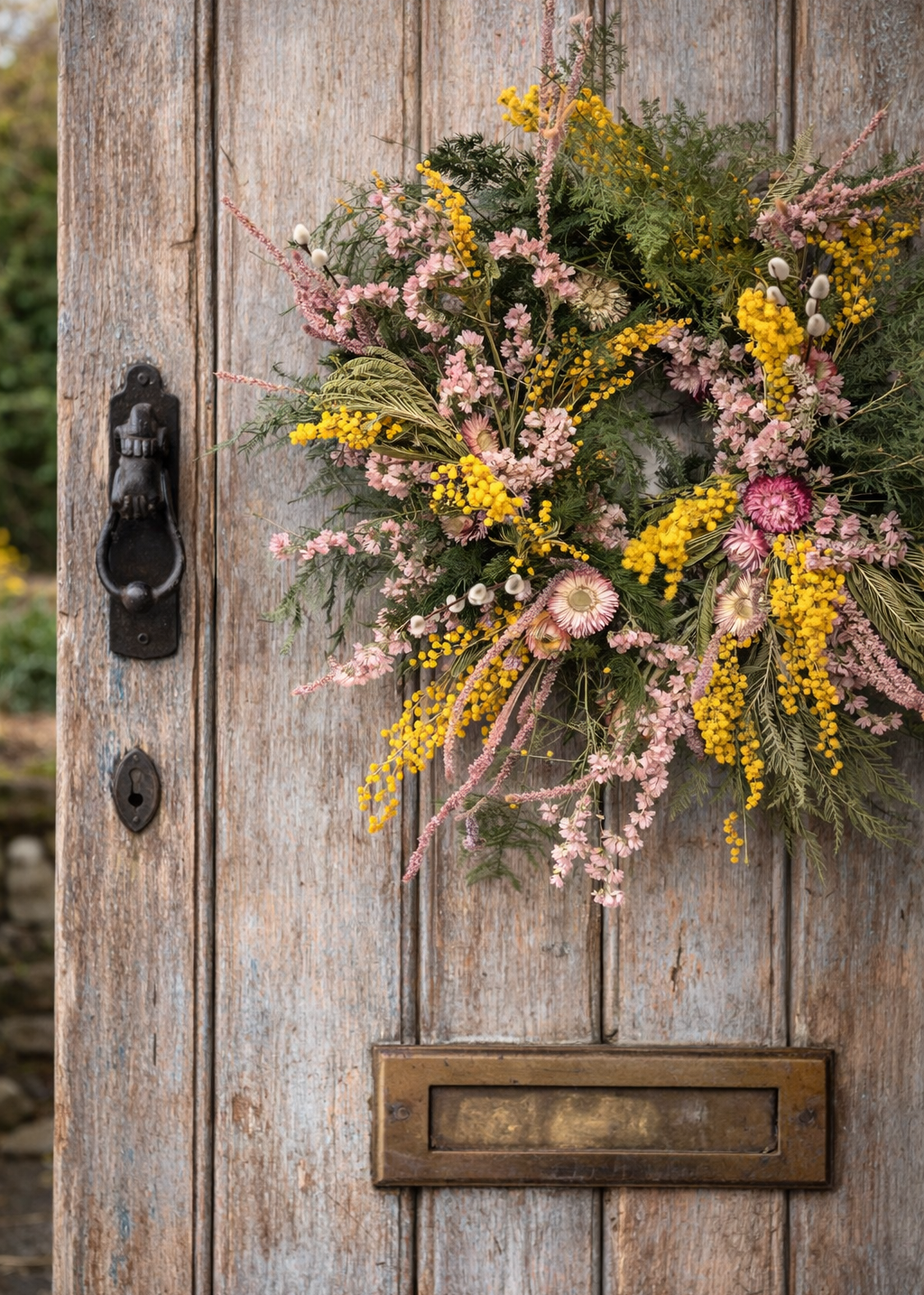Floral wreath on a wooden door with a bottle opener and mail slot.