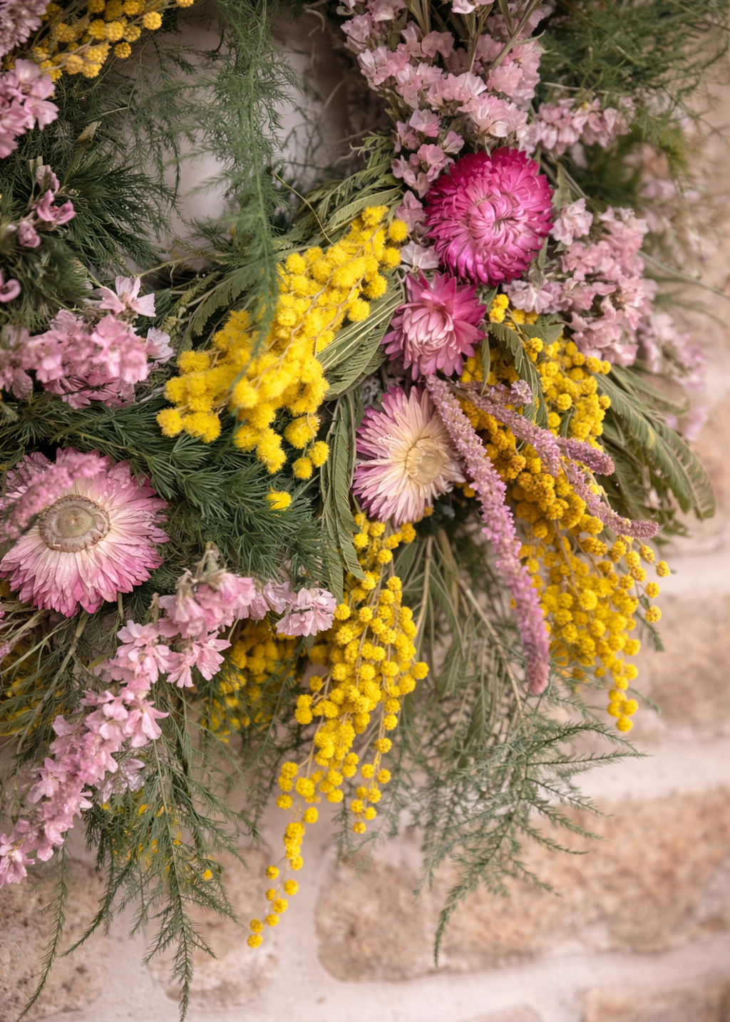 Floral wreath with pink and yellow flowers on a stone wall background