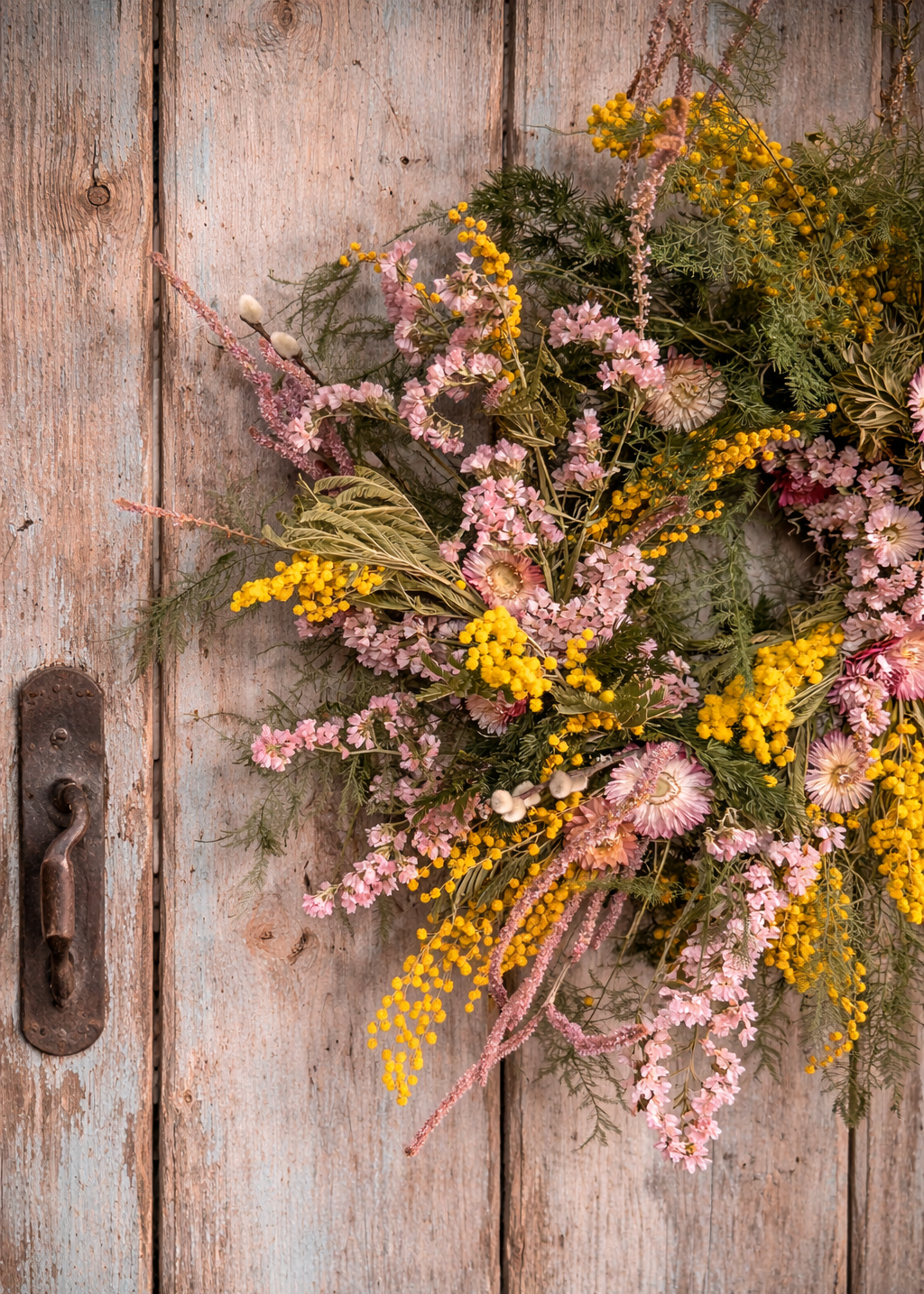 Wreath of pink and yellow flowers on a rustic wooden door