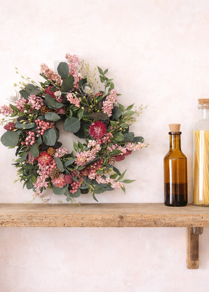 Floral wreath on a wooden shelf with kitchen items