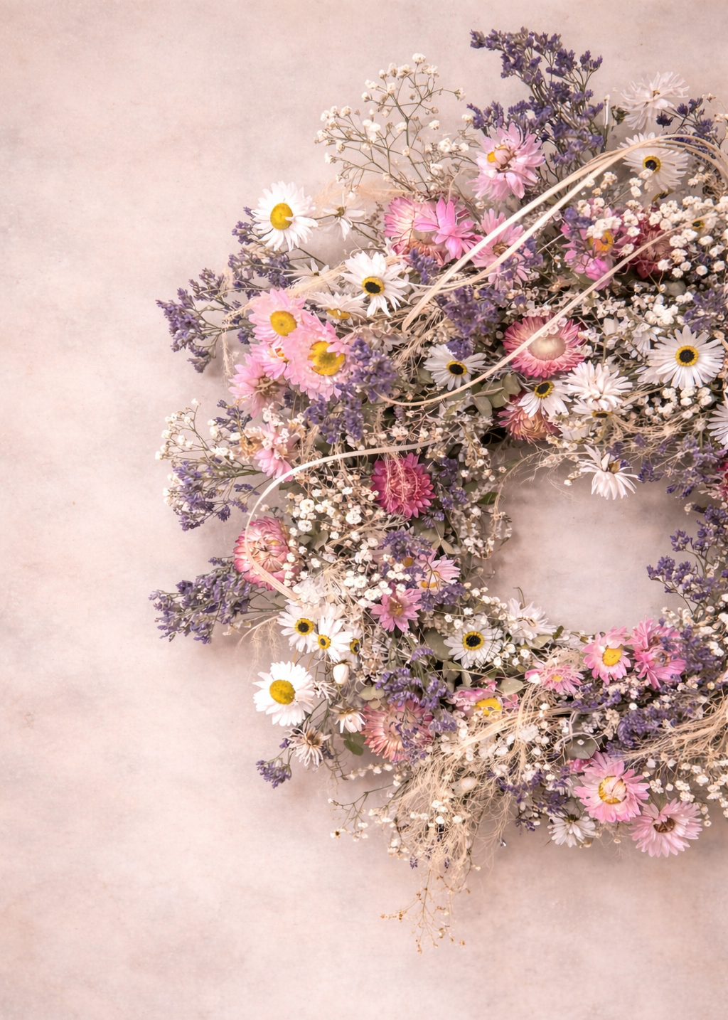 Romantic spring wreath crafted from dried flowers in pink, white and lilac hues, with eucalyptus, daisy blooms and airy gypsophila.