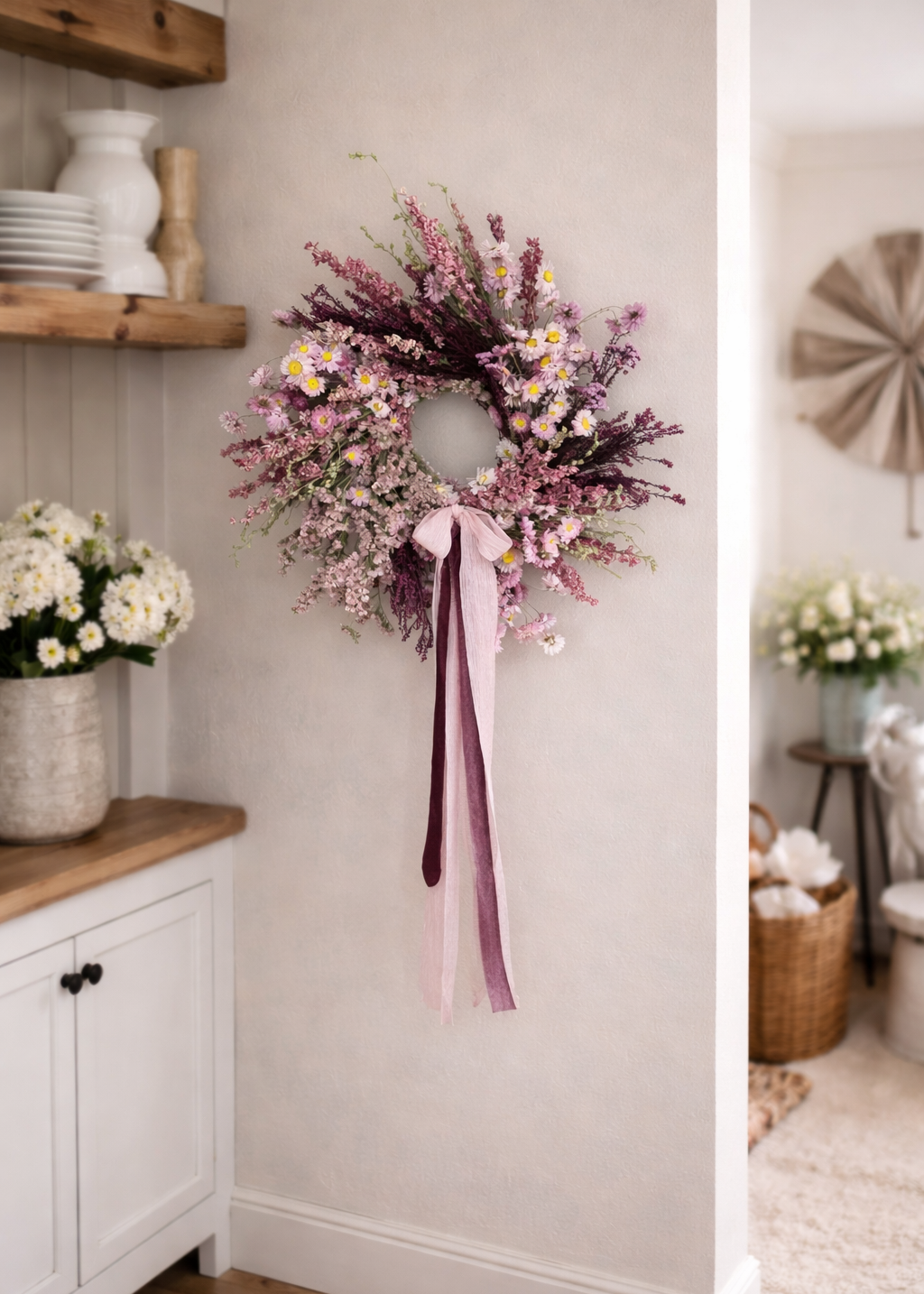 Floral wreath with a pink ribbon hanging on a wall in a home setting.