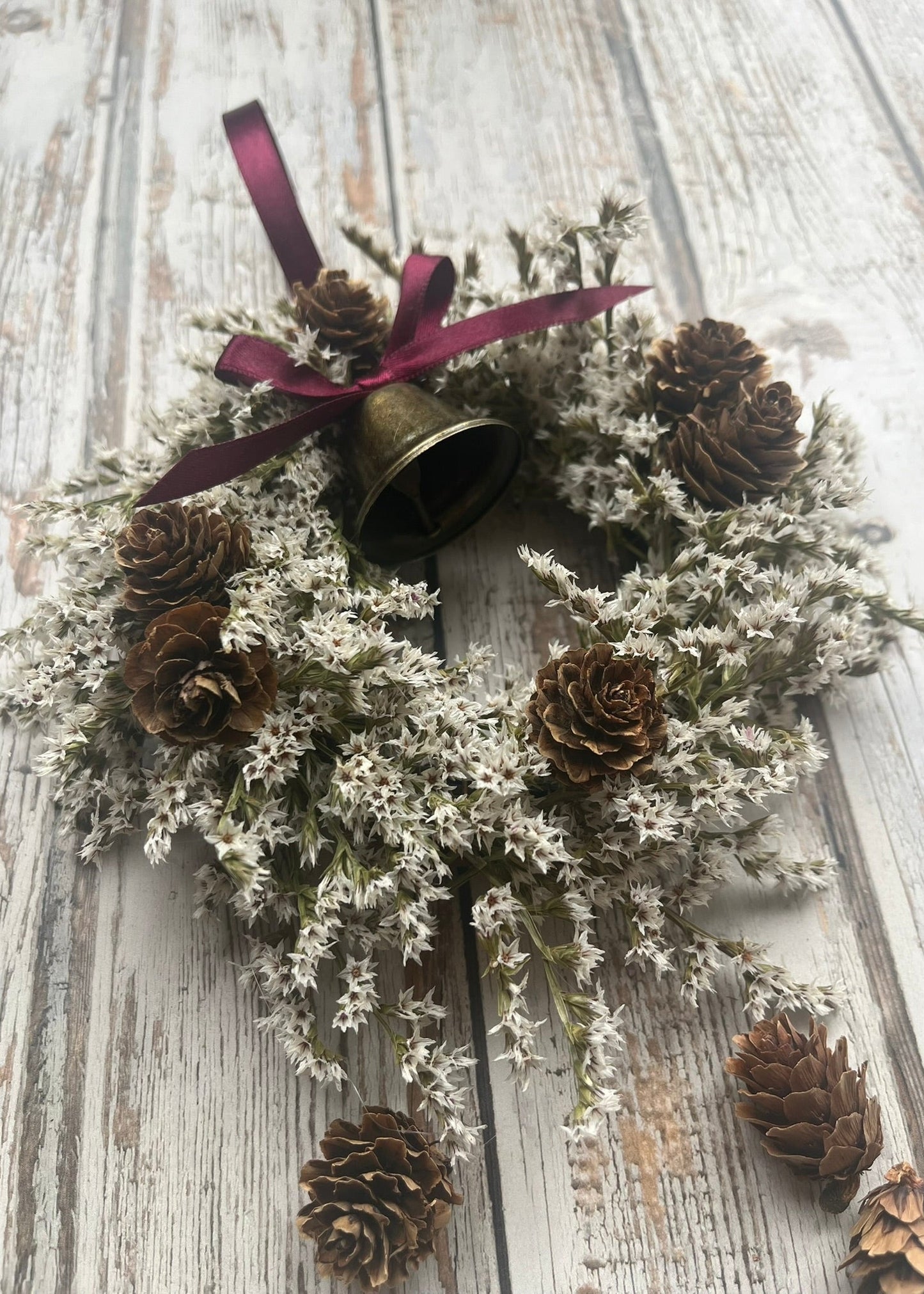 white and burgundy festive mini wreath