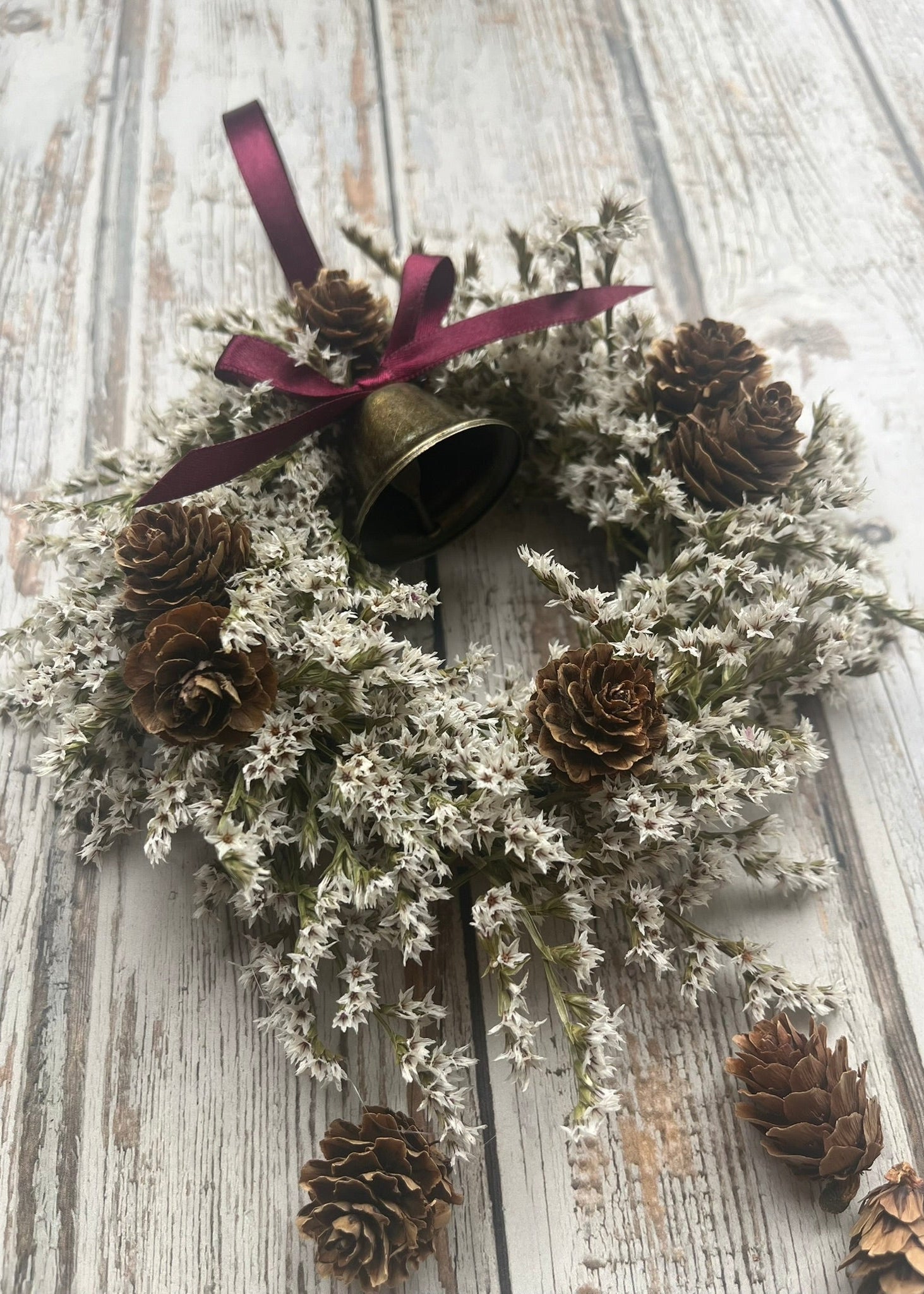 white and burgundy festive mini wreath