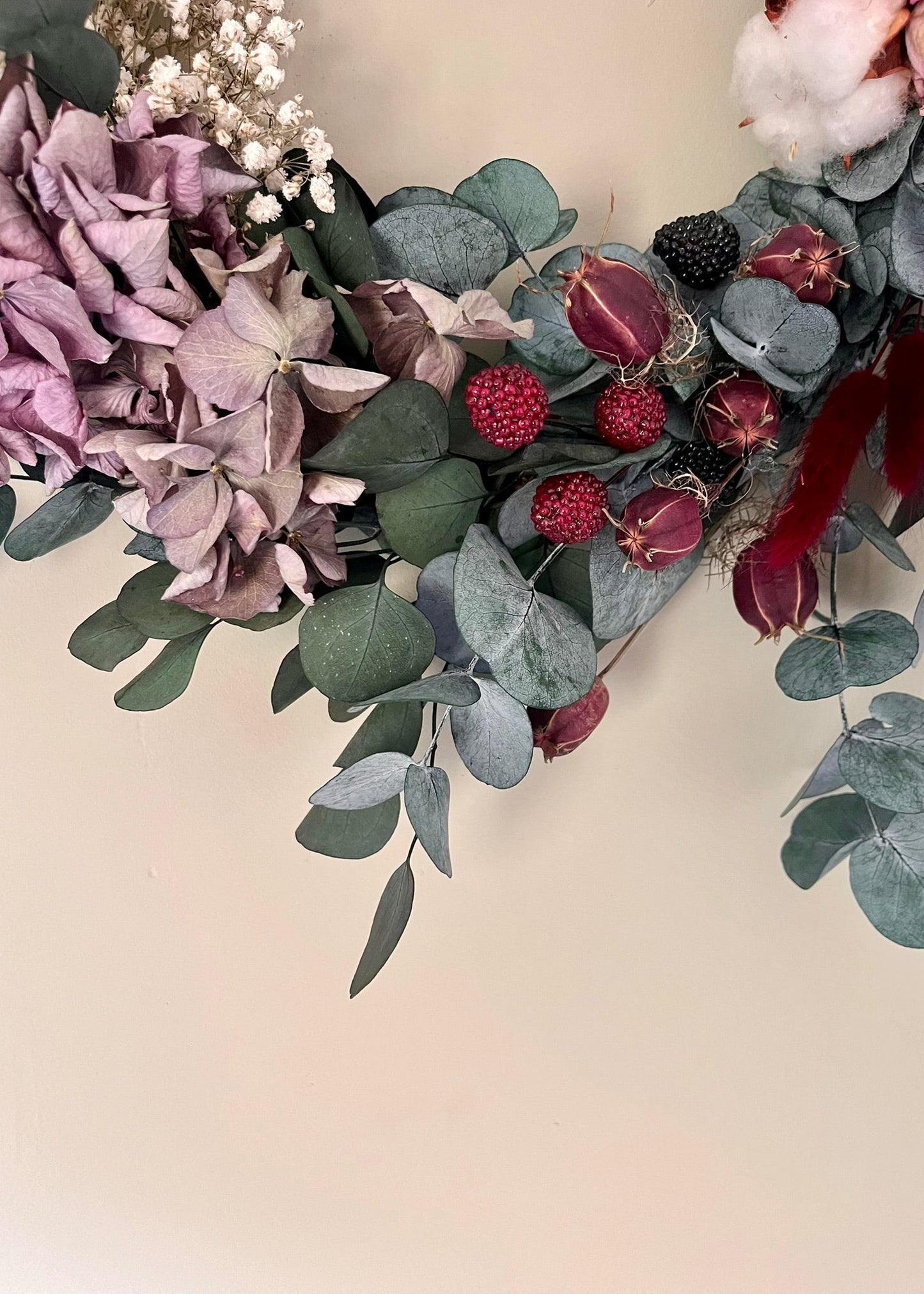 berry red and eucalyptus Christmas wreath