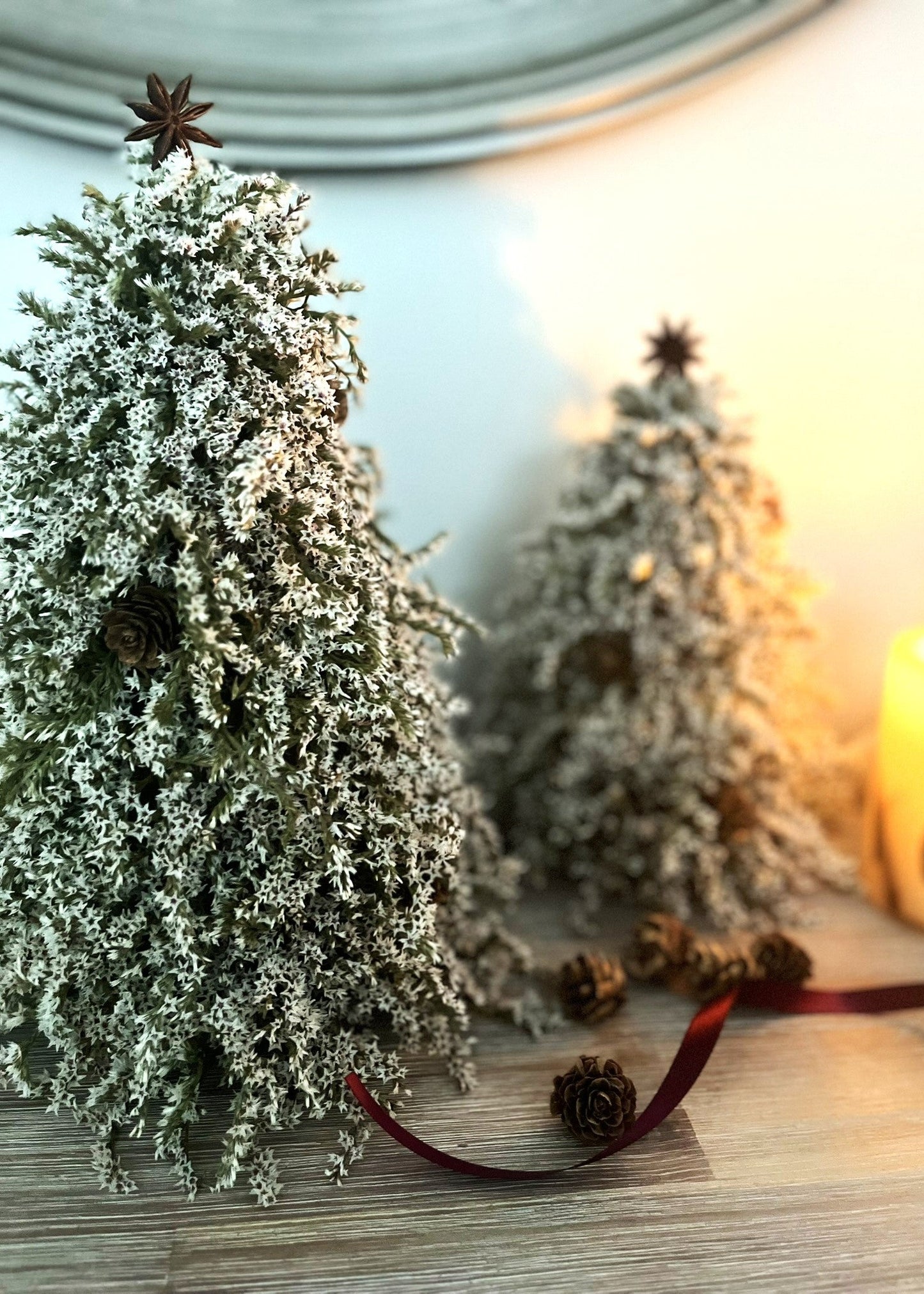 Two rustic Christmas trees made of sustainable dried flowers, with white statice blooms, adorned with petite pine cones and crowned with star anise, displayed on a wooden surface with a warm light in the background.