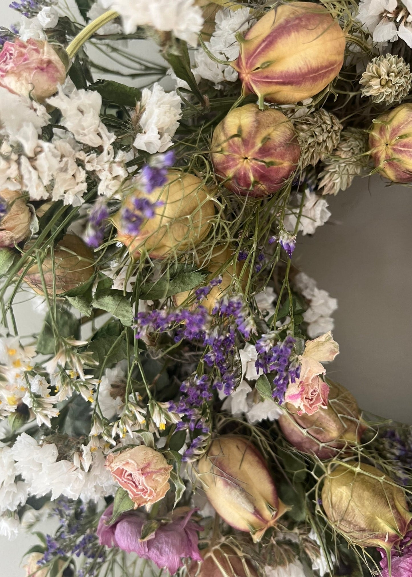 pretty dried flower wreath perfect for door or wall, country style, boho wreath perfect for a gift.