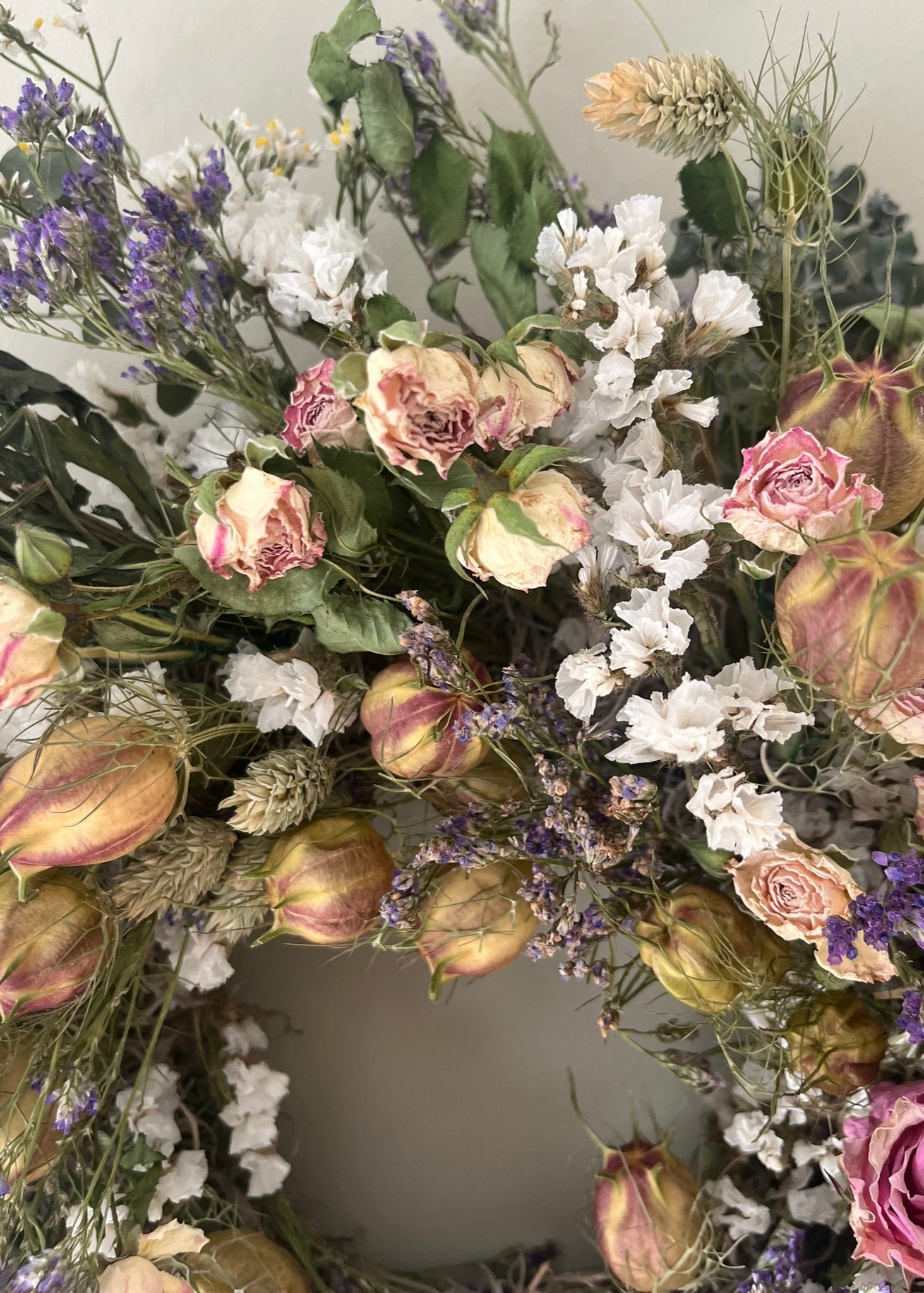 pretty dried flower wreath perfect for door or wall, country style, boho wreath perfect for a gift.
