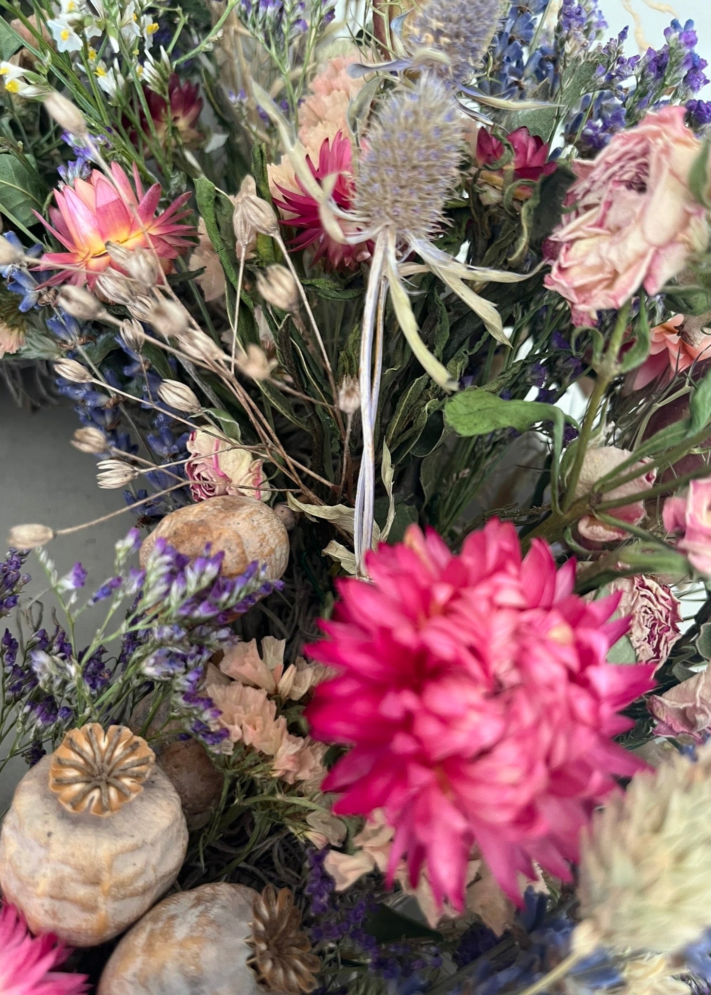 dried flower wreath gift for Mom, dried roses and helichrysum