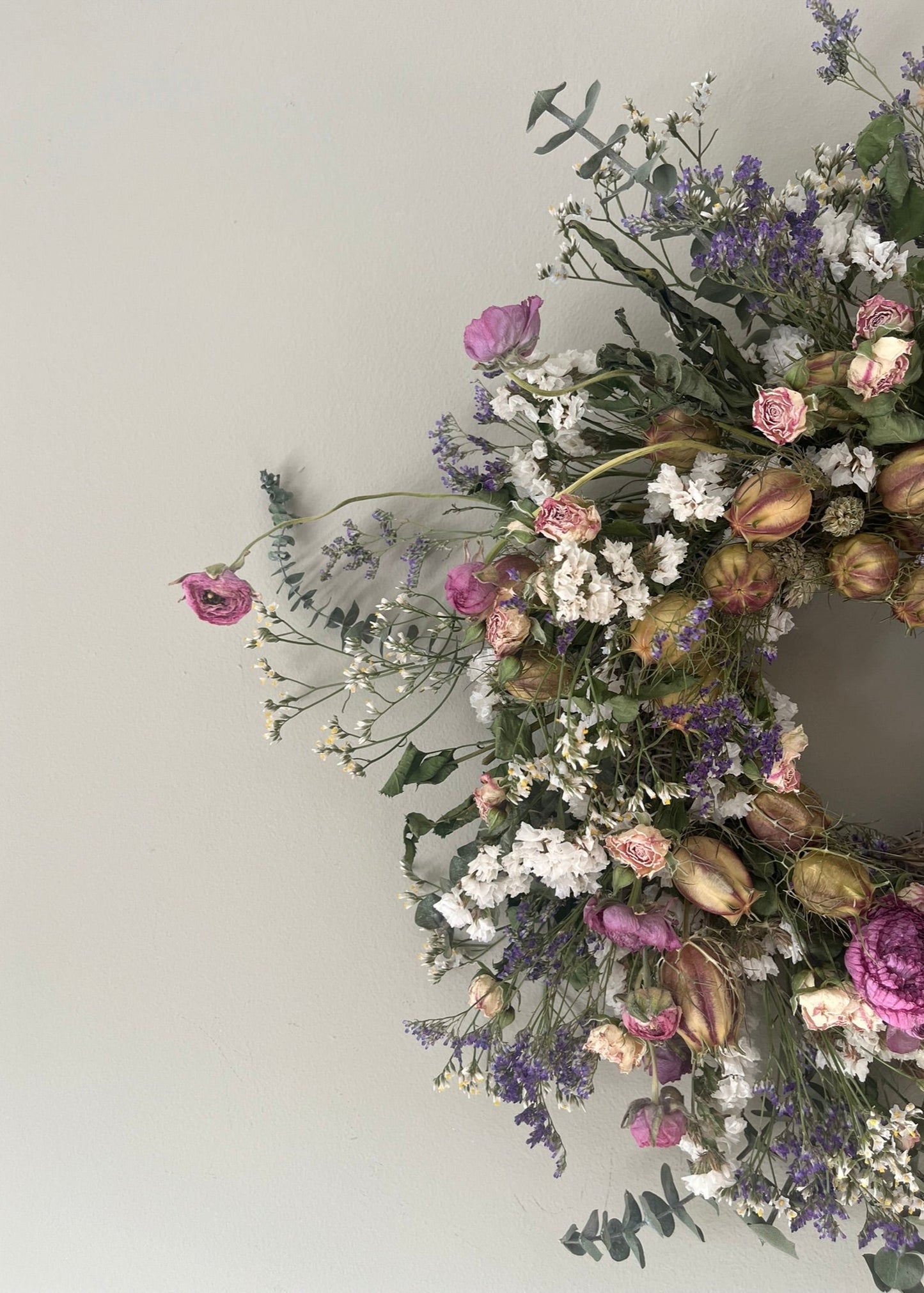 pretty dried flower wreath perfect for door or wall, country style, boho wreath perfect for a gift.