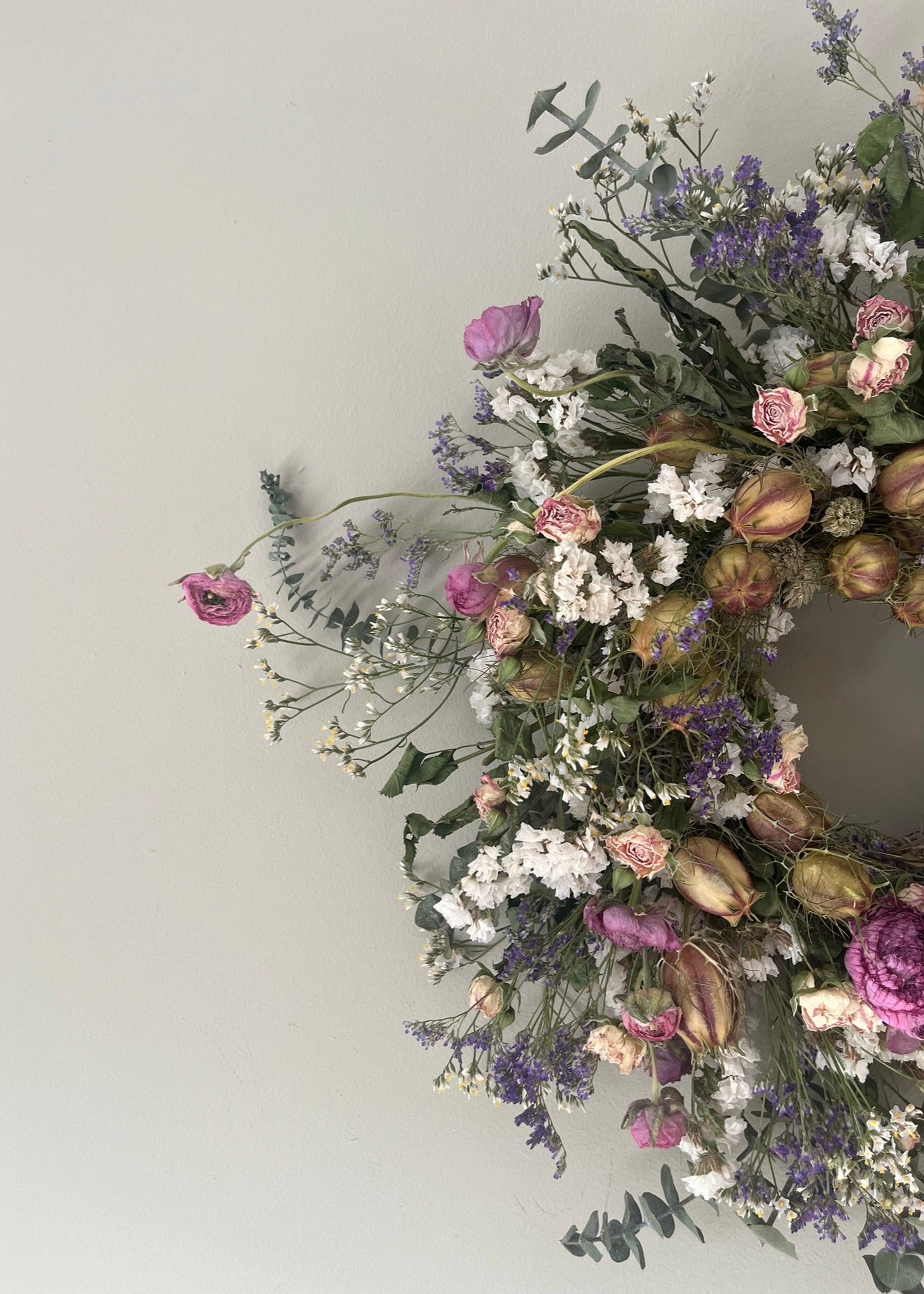 pretty dried flower wreath perfect for door or wall, country style, boho wreath perfect for a gift.
