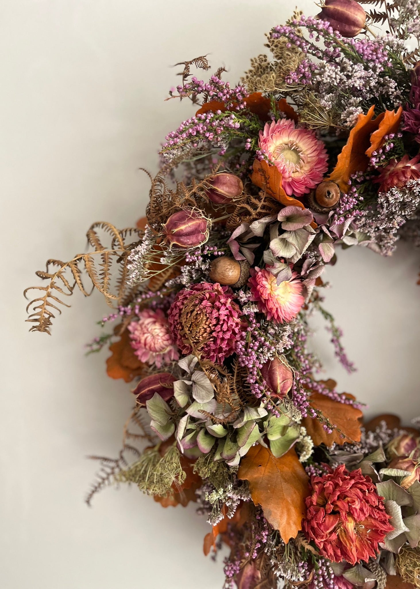 Decorative floral wreath with autumnal colors on a white background