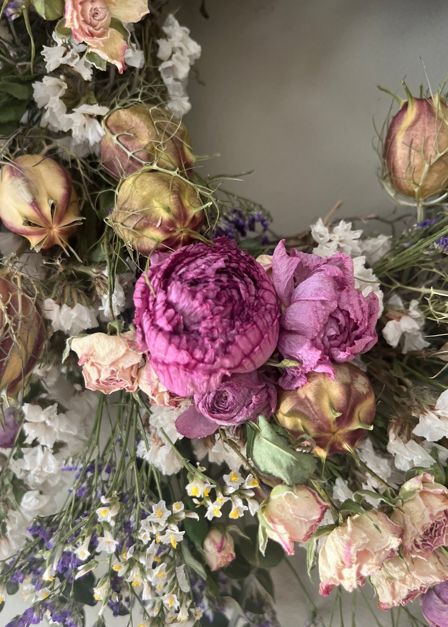 pretty dried flower wreath perfect for door or wall, country style, boho wreath perfect for a gift.