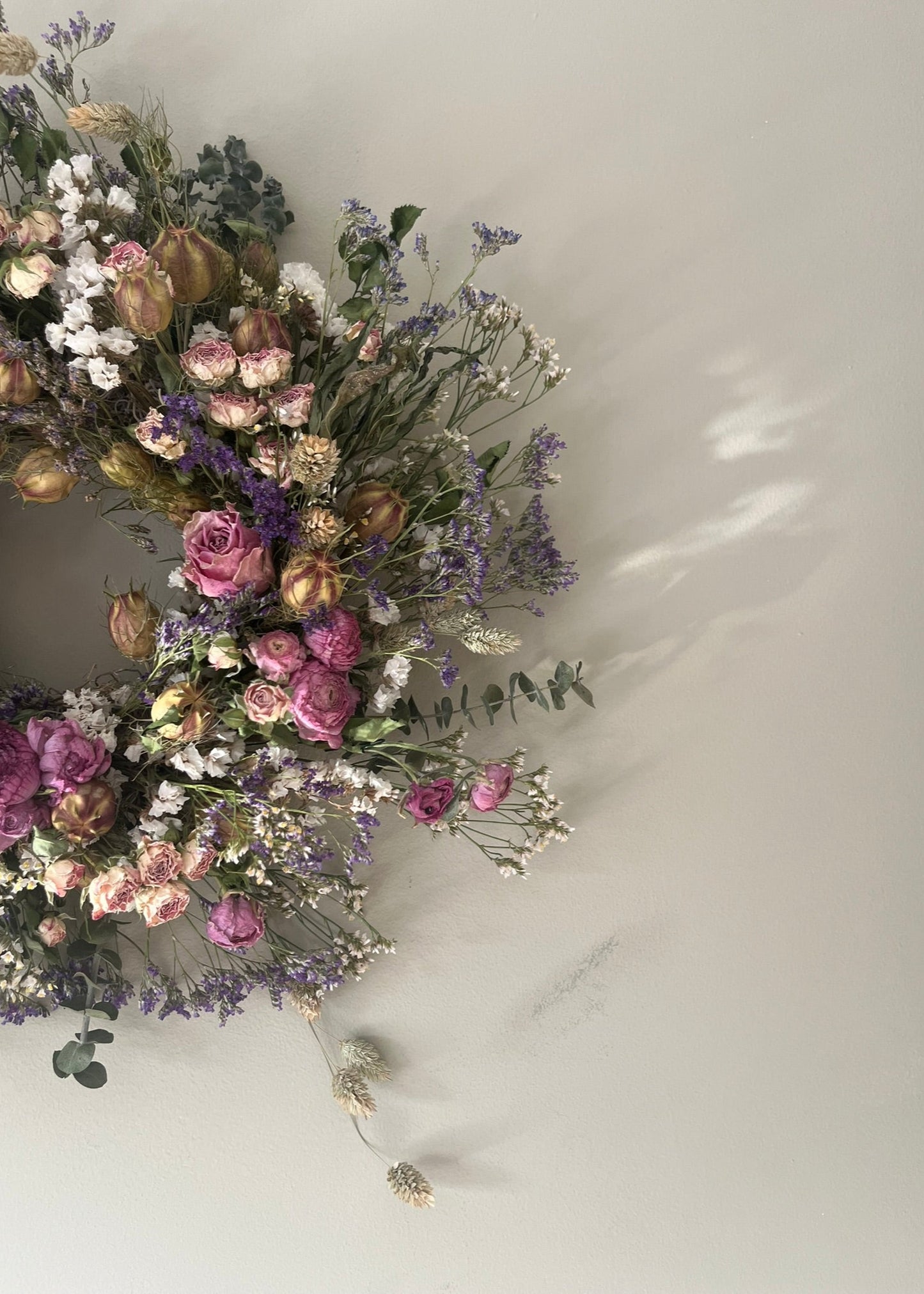 pretty dried flower wreath perfect for door or wall, country style, boho wreath perfect for a gift.