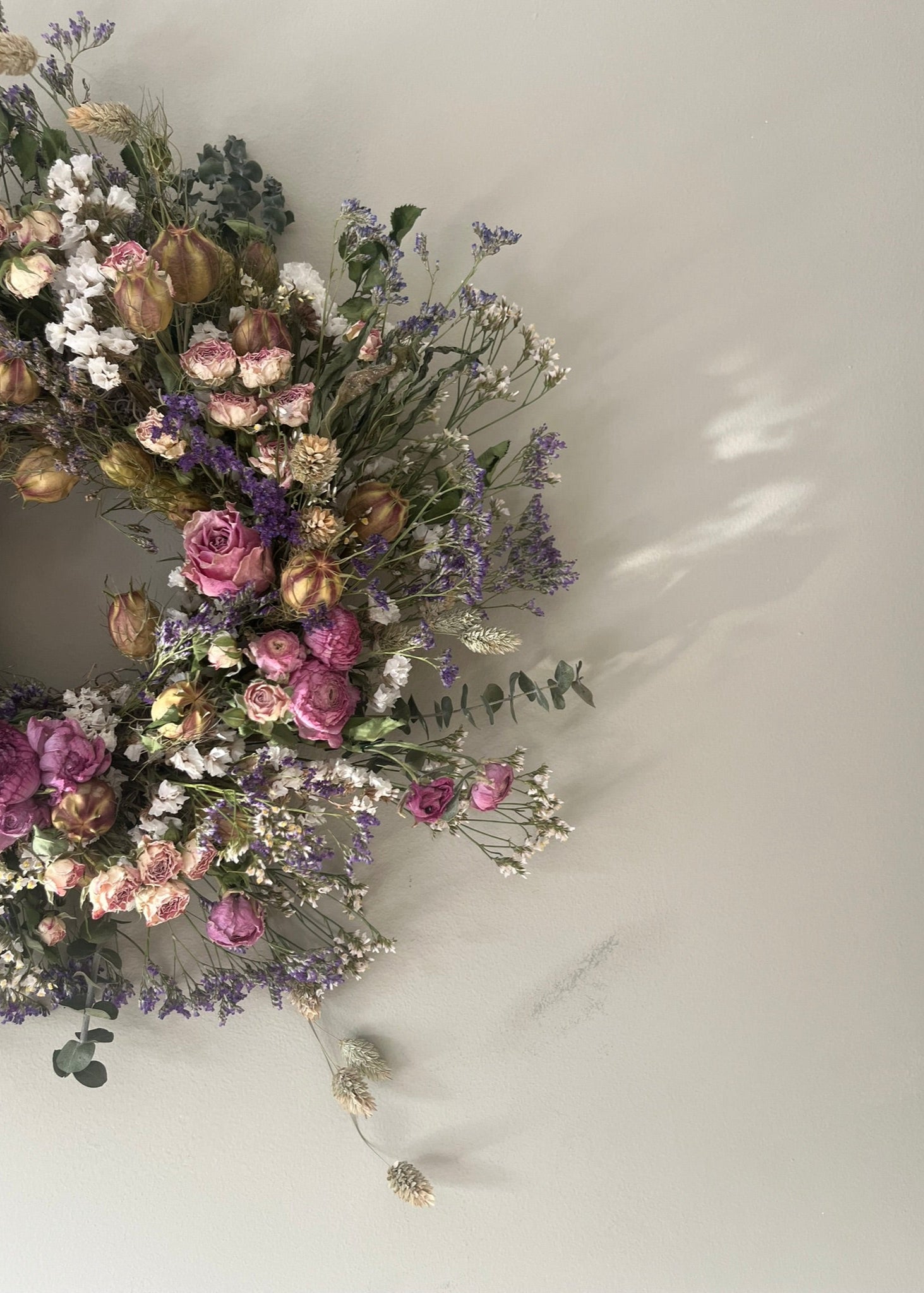 pretty dried flower wreath perfect for door or wall, country style, boho wreath perfect for a gift.