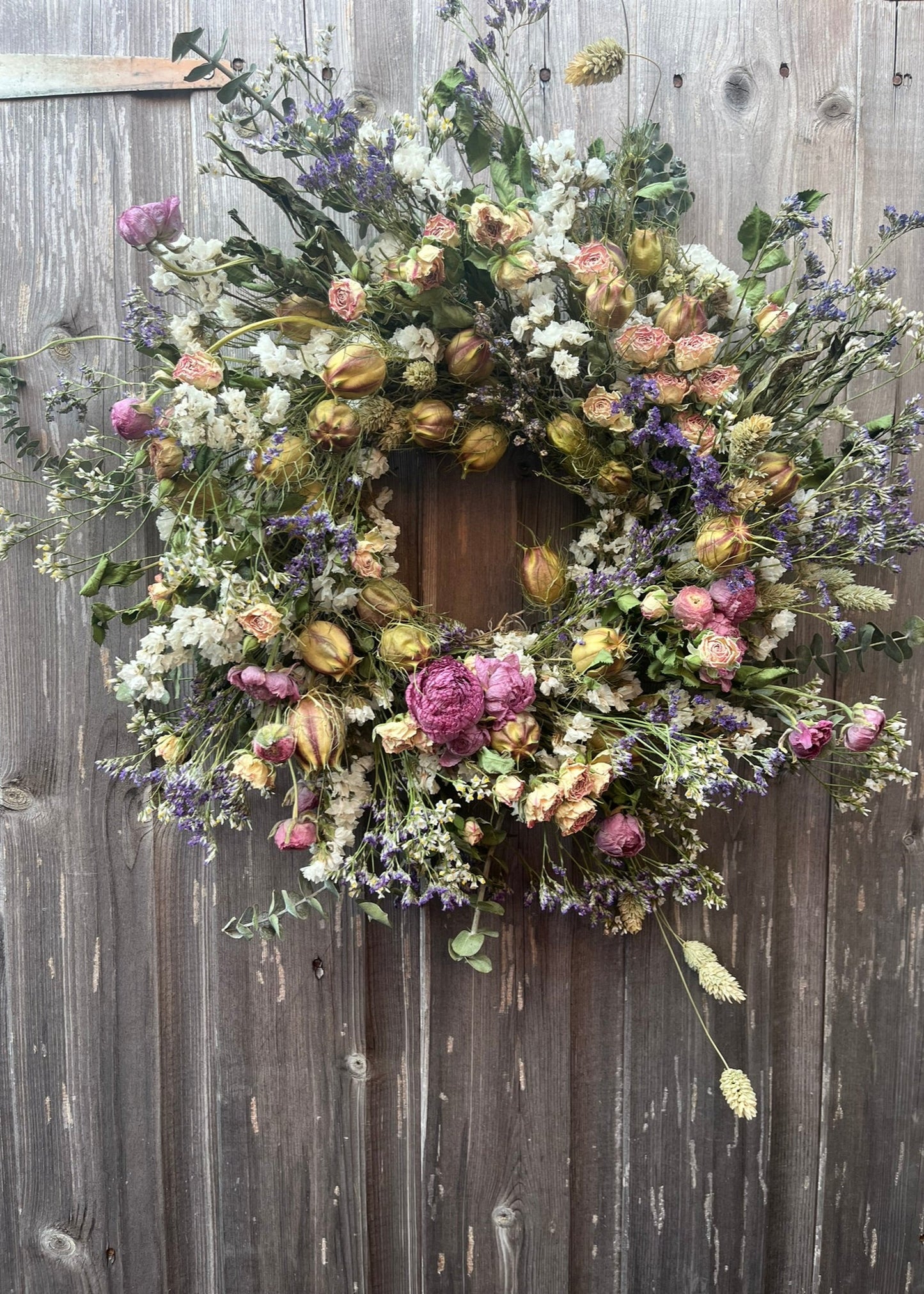 pretty dried flower wreath perfect for door or wall, country style, boho wreath perfect for a gift.