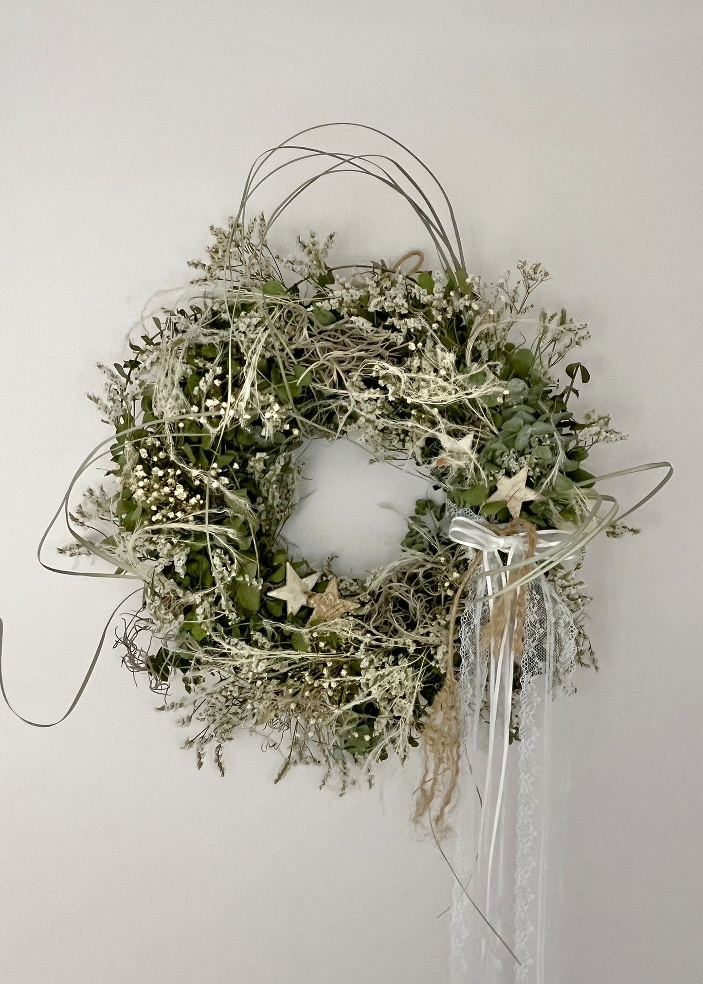 Decorative wreath with greenery, stars, and ribbons on a white background